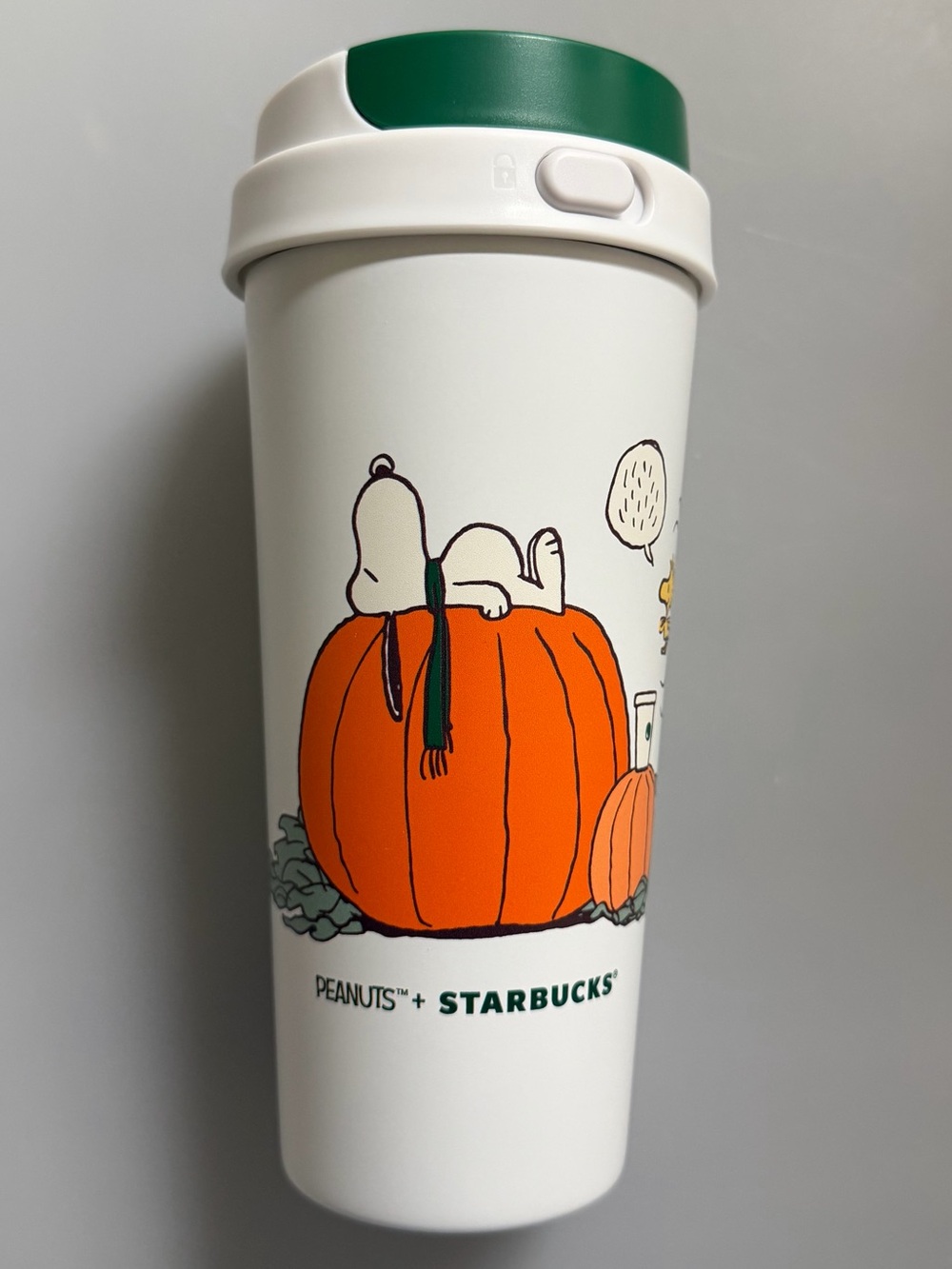 NWT Starbucks White & Green Peanuts Pumpkin Travel Tumbler